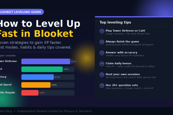 How to level up fast in Blooket — XP bar chart comparing Tower Defense, Café, Factory, Gold Quest and Battle Royale modes