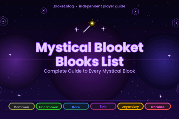 Mystical Blooket blooks list guide showing all six rarity tiers on an enchanted deep purple starfield background