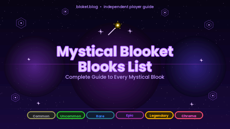 Mystical Blooket blooks list guide showing all six rarity tiers on an enchanted deep purple starfield background