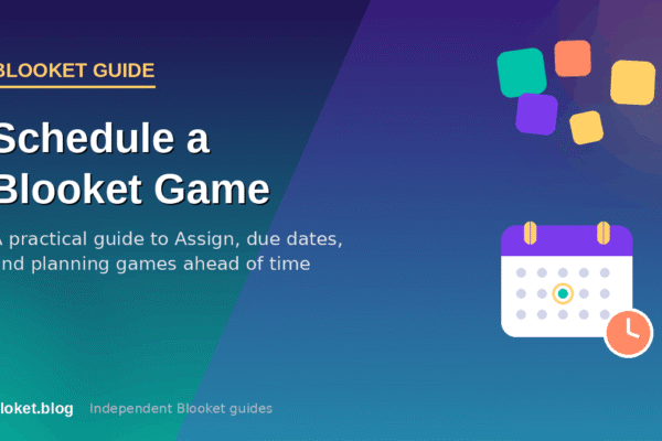 Schedule a Blooket game guide cover with a calendar, clock, and game blocks
