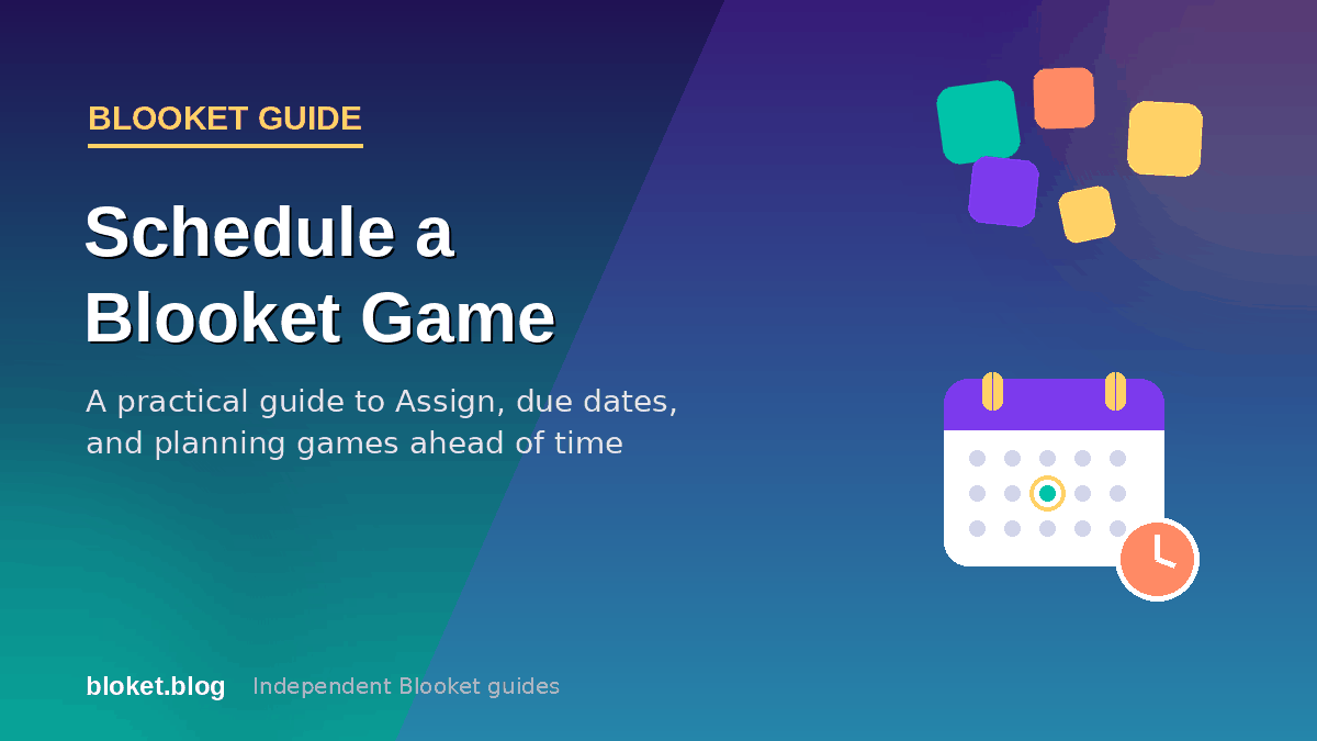 Schedule a Blooket game guide cover with a calendar, clock, and game blocks