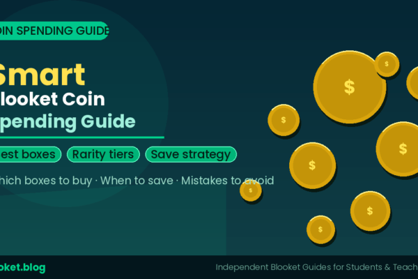 Smart Blooket coin spending guide showing gold coins, box tiers, and rarity strategy tips for students