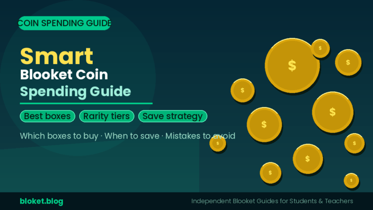 Smart Blooket coin spending guide showing gold coins, box tiers, and rarity strategy tips for students