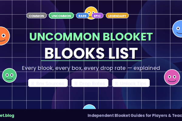 Uncommon Blooket blooks list showing rarity tiers, box sources, and cartoon blook characters