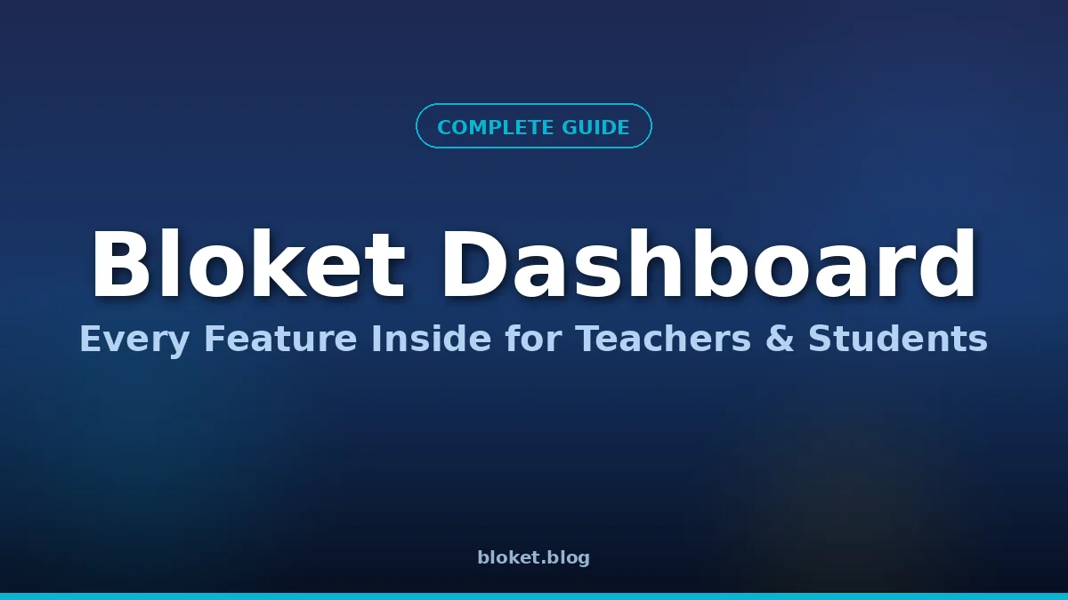 Bloket dashboard guide cover graphic showing teacher and student dashboard sections and features